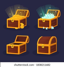 Treasure. Chest. Wooden chest with jewels. pirate win prize wealth golden cash metal coin wood ancient wooden reward gemstone gold, money. Treasure wooden chest. Chest cartoon vector illustration.