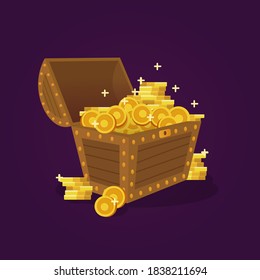 Treasure. Chest. Wooden chest with jewels. pirate win prize wealth golden cash metal coin wood ancient wooden reward gemstone gold, money. Treasure wooden chest. Chest cartoon vector illustration.