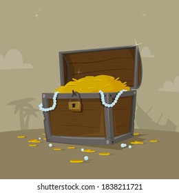 Treasure. Chest. Wooden chest with jewels. pirate win prize wealth golden cash metal coin wood ancient wooden reward gemstone gold, money. Treasure wooden chest. Chest cartoon vector illustration.