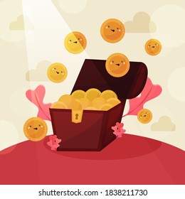 Treasure. Chest. Wooden chest with jewels. pirate win prize wealth golden cash metal coin wood ancient wooden reward gemstone gold, money. Treasure wooden chest. Chest cartoon vector illustration.