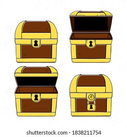Treasure. Chest. Wooden chest with jewels. pirate win prize wealth golden cash metal coin wood ancient wooden reward gemstone gold, money. Treasure wooden chest. Chest cartoon vector illustration.