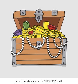 Treasure. Chest. Wooden chest with jewels. pirate win prize wealth golden cash metal coin wood ancient wooden reward gemstone gold, money. Treasure wooden chest. Chest cartoon vector illustration.