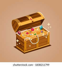 Treasure. Chest. Wooden chest with jewels. pirate win prize wealth golden cash metal coin wood ancient wooden reward gemstone gold, money. Treasure wooden chest. Chest cartoon vector illustration.