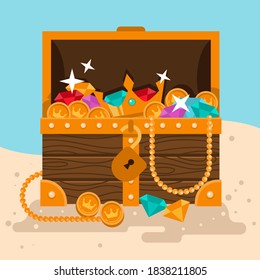 Treasure. Chest. Wooden chest with jewels. pirate win prize wealth golden cash metal coin wood ancient wooden reward gemstone gold, money. Treasure wooden chest. Chest cartoon vector illustration.