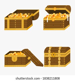 Treasure. Chest. Wooden chest with jewels. pirate win prize wealth golden cash metal coin wood ancient wooden reward gemstone gold, money. Treasure wooden chest. Chest cartoon vector illustration.