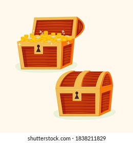 Treasure. Chest. Wooden chest with jewels. pirate win prize wealth golden cash metal coin wood ancient wooden reward gemstone gold, money. Treasure wooden chest. Chest cartoon vector illustration.