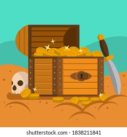 Treasure. Chest. Wooden chest with jewels. pirate win prize wealth golden cash metal coin wood ancient wooden reward gemstone gold, money. Treasure wooden chest. Chest cartoon vector illustration.
