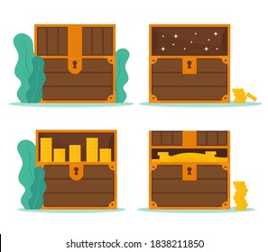 Treasure. Chest. Wooden chest with jewels. pirate win prize wealth golden cash metal coin wood ancient wooden reward gemstone gold, money. Treasure wooden chest. Chest cartoon vector illustration.