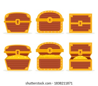 Treasure. Chest. Wooden chest with jewels. pirate win prize wealth golden cash metal coin wood ancient wooden reward gemstone gold, money. Treasure wooden chest. Chest cartoon vector illustration.