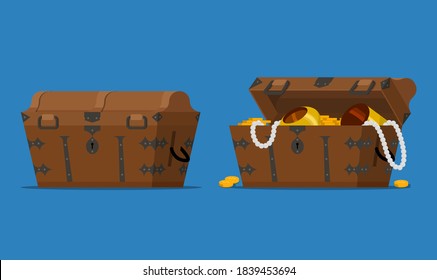 Treasure. Chest. Wooden chest with jewels. pirate win prize wealth golden cash metal coin wood ancient wooden reward gemstone gold, money. Treasure wooden chest. Chest cartoon vector illustration.