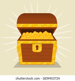 Treasure. Chest. Wooden chest with jewels. pirate win prize wealth golden cash metal coin wood ancient wooden reward gemstone gold, money. Treasure wooden chest. Chest cartoon vector illustration.