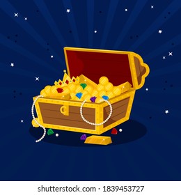 Treasure. Chest. Wooden chest with jewels. pirate win prize wealth golden cash metal coin wood ancient wooden reward gemstone gold, money. Treasure wooden chest. Chest cartoon vector illustration.