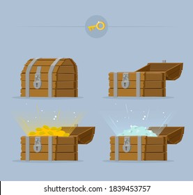 Treasure. Chest. Wooden chest with jewels. pirate win prize wealth golden cash metal coin wood ancient wooden reward gemstone gold, money. Treasure wooden chest. Chest cartoon vector illustration.