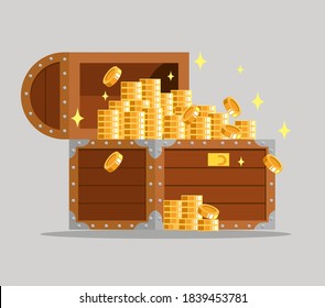 Treasure. Chest. Wooden chest with jewels. pirate win prize wealth golden cash metal coin wood ancient wooden reward gemstone gold, money. Treasure wooden chest. Chest cartoon vector illustration.