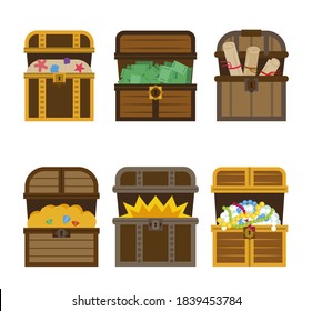 Treasure. Chest. Wooden chest with jewels. pirate win prize wealth golden cash metal coin wood ancient wooden reward gemstone gold, money. Treasure wooden chest. Chest cartoon vector illustration.