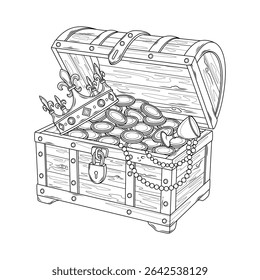 Treasure in a chest.Coloring book antistress for children and adults. Illustration isolated on white background.Zen-tangle style. Hand draw