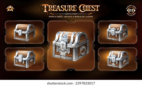 Colección Treasure Chests Descubriendo un reino desde niveles básicos hasta niveles superiores para el diseño de ilustraciones RPG, Fantasía y vectores de juegos medievales