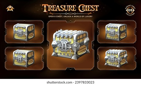 Colección Treasure Chests Descubriendo un reino desde niveles básicos hasta niveles superiores para el diseño de ilustraciones RPG, Fantasía y vectores de juegos medievales