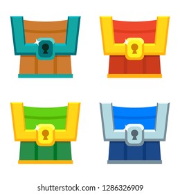 Treasure chests for game. Dower chests on white background. Collection of isolated vector cartoon colorful illustrations of wooden chests