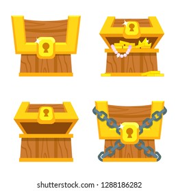 Treasure chests for game. Dower chests on white background. Locked and Empty dower chest. wooden chests with diamonds and gold . Vector illustration