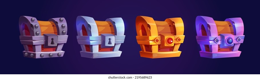 Treasure chests, game trunks, wooden boxes with iron, silver, gold and platinum forgery. Trophy, magic assets, level winners reward. Pirate loot, gui design elements, Cartoon vector illustration