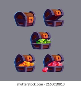 Treasure chests with gold coins, different gems, game icons. Vector cartoon illustration of open and closed ancient wooden boxes with heap of golden money, ruby and emerald crystals