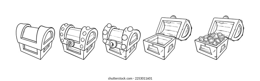 Treasure chests with golden coins. Set of wooden open and closed chests with money for games. Vector illustration isolated in white background