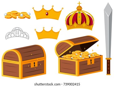 Treasure chests and golden crowns illustration