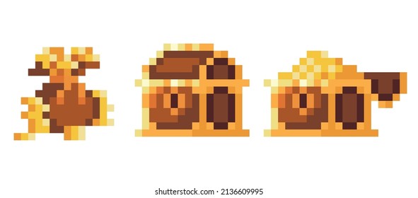 Treasure chests open and close, bag full of golden coins pixel art icon set. Box and purse with money logo collection. 8-bit sprite. Game development, mobile app.  Isolated vector illustration.