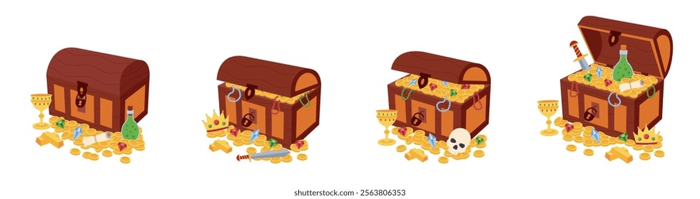 Treasure chests. Treasure chests, piles of gold and jewels. Open and close chests with coins and gems.