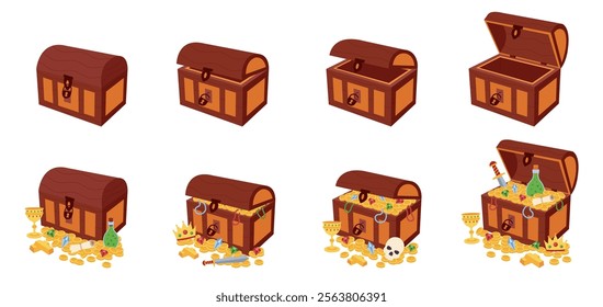 Treasure chests. Treasure chests, piles of gold and jewels. Open and close chests with coins and gems.