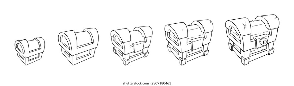 Treasure chests set. Chests with coins and gem stones, with game loot and treasures. Vector illustration isolated in white background