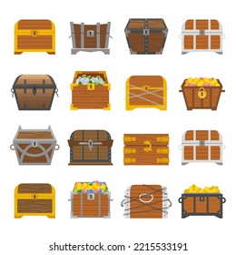 Treasure chests set open, closed with chain and lock, full of gold. Cartoon fantasy pirate wooden boxes with golden coins, jewelry gems, ancient medieval treasury collection. Vector illustration