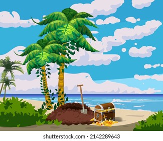 Treasure dug on the beach, tropical Island, ancient pirate treasure chest, scull, exotic plants, palms, sea, ocean, clouds. Sea landscape coast, beach, sand adventure game