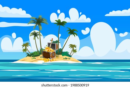 Treasure exotic tropical Island, ancient pirate treasure chest, scull, plants, palms, sea, ocean, clouds. Sea landscape coast, beach, sand, adventure, game. Vector illustration