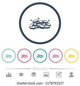 Treasure flat color icons in round outlines. 6 bonus icons included.