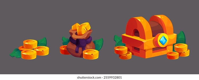 Treasure game icons set decorated with green tropical leaves - stack of golden coins, open sack with gold currency and closed wooden ancient chest with pile of money around. GUI loot assets.