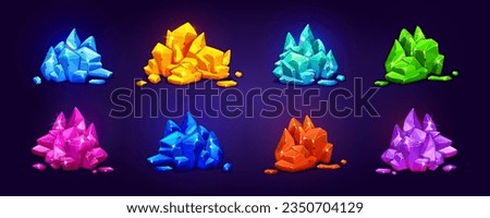 Treasure gem pile game icon cartoon illustration. Golden, emerald, ruby, amber and sapphire glossy and sparkle nugget stack material. Fancy red, pink, green and blue gemstone mineral clipart set