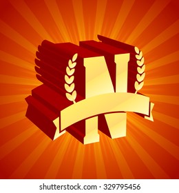 treasure glassy creative 3d vector one letter as letterhead template on shiny glowing radial rays scene texture abstraction scene red orange treasure unusual sign rich employment golden letterpress ca