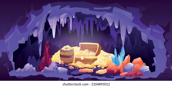 Treasure gold coin and gemstone in rock cave cartoon. Medieval wooden chest and barrel full of money and gems. Ancient fantasy adventure and fairy tale