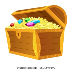 Treasure gold coins. Chest full of shiny royal gold and gemstones. Gold treasure, shiny savings, golden coins isolated on white background. Vector cartoon icon