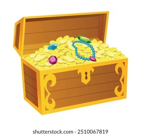 Treasure gold coins. Chest full of shiny royal gold and gemstones. Gold treasure, shiny savings, golden coins isolated on white background. Vector cartoon icon