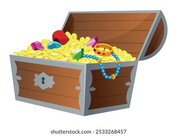 Treasure gold coins. Chest full of shiny royal gold and gemstones. Gold treasure, shiny savings, golden coins isolated on white background. Vector cartoon icon