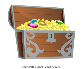 Treasure gold coins. Chest full of shiny royal gold and gemstones. Gold treasure, shiny savings, golden coins isolated on white background. Vector cartoon icon