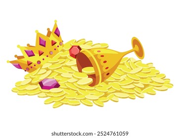 Treasure gold coins. Heap of shiny royal gold and gemstones. Gold treasure, shiny savings, golden coins isolated on white background. Vector cartoon icon