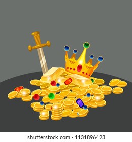 Treasure, gold, coins, jewels, crown, sword, vector, isolated, cartoon style, dark background