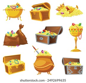 Treasure gold coins. Old sack full of shiny royal gold and gemstones. Chest full of gold treasure, shiny savings. Pot with gold, cauldron with golden coins isolated on white background. Vector icons