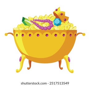 Treasure gold coins. Pot full of shiny royal gold and gemstones. Gold treasure, shiny savings, golden coins isolated on white background. Vector cartoon icon