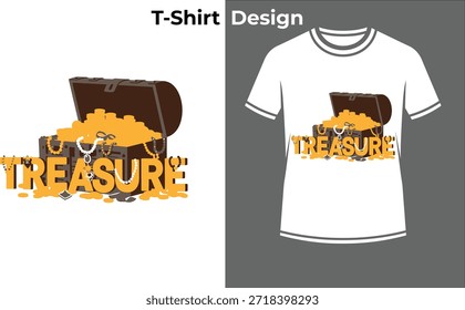 Ilustración vectorial de camiseta de tipografía de oro del tesoro, diseño de texto de aventuras con cofre para temas piratas, riqueza y conceptos de fortuna ocultos.