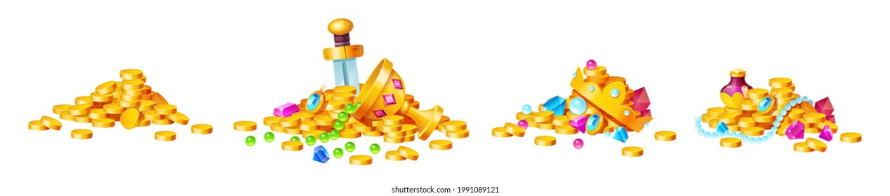 Treasure, golden coins, crystal gems, crown, sword in pile of gold, goblet with precious rocks, ancient fantasy magic game assets, pirate loot isolated on white background, Cartoon vector illustration